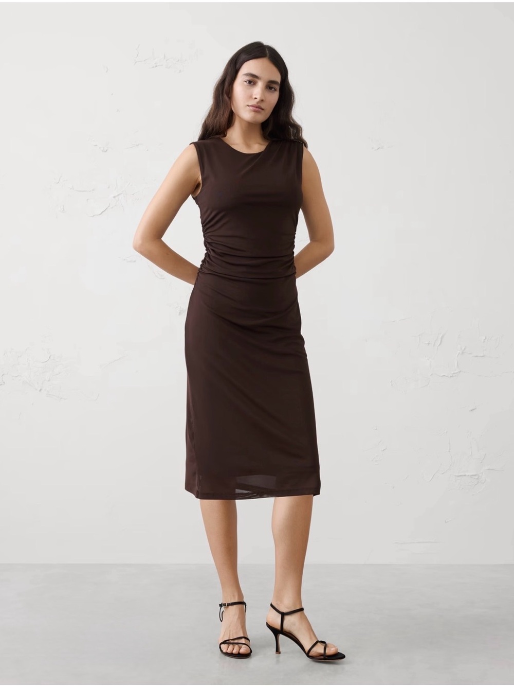 Banana Republic Chocolate Brown Sleeveless Ruched Midi Dress